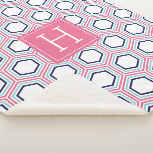 Pink Aqua and Blue Pattern Monogrammed Sherpa Blanket