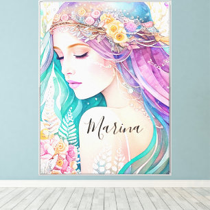 Pink, Aqua and Lilac Ethereal Floral Mermaid Hair Canvas Print