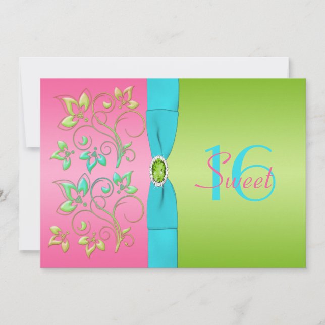 Pink, Aqua, and Lime Sweet Sixteen Invitation (Front)