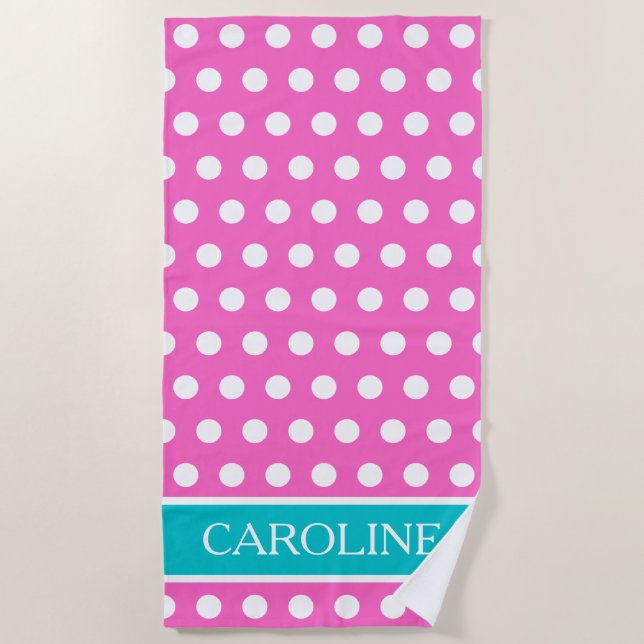 Pink Aqua and White Polka Dot Personalized  Beach Towel (Front)