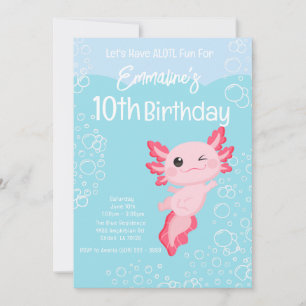 Pink Aqua Axolotl 10th Birthday Party Invitation