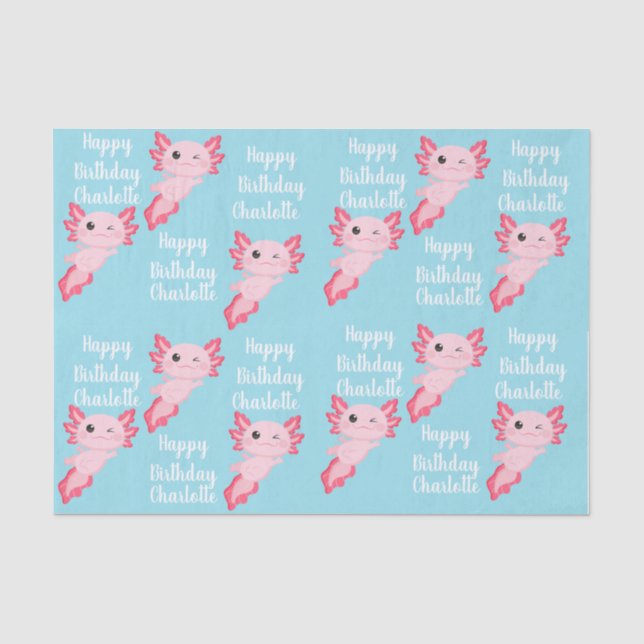 Pink Aqua Axolotl Girl Happy Birthday Name Tissue Paper (Front)
