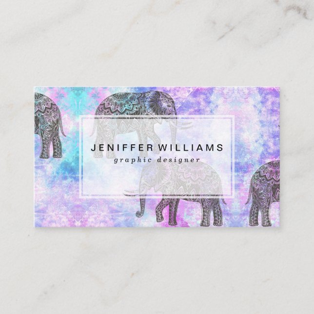 Pink Aqua Black Elephant Bright Tribal             Business Card (Front)