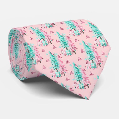 Pink Aqua Blue Colorful Christmas Gingerbread Tree Neck Tie