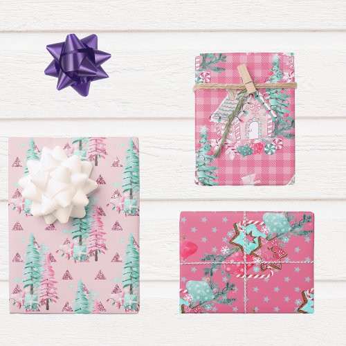 Pink Aqua Blue Colorful Christmas Gingerbread Tree Wrapping Paper Sheets