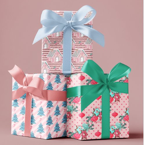 Pink Aqua Blue Colorful Christmas Trees Cookies Wrapping Paper Sheets