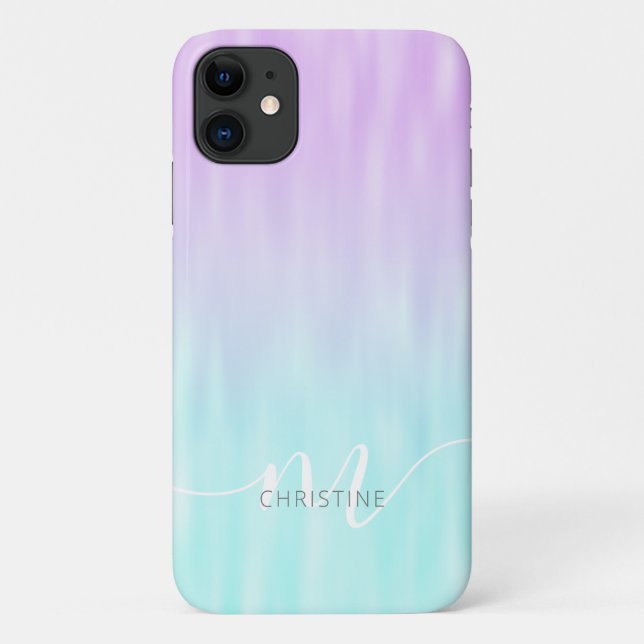Pink Aqua Blue Pastel Ombre Chic Script Monogram Case-Mate iPhone Case (Back)