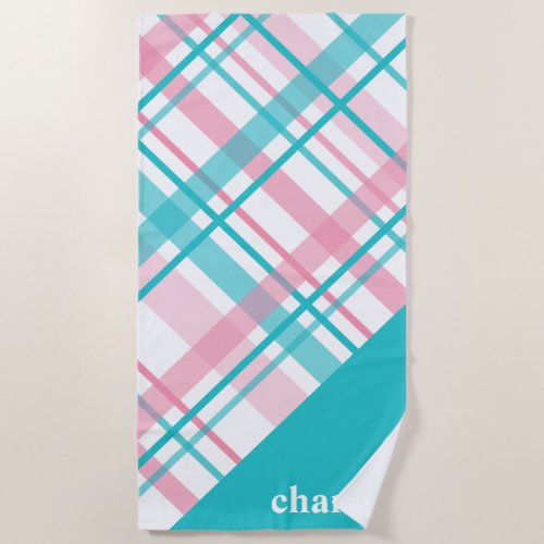Pink aqua blue pastel plaid pattern custom name beach towel