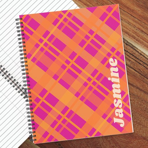Pink aqua blue plaid pattern custom name notebook