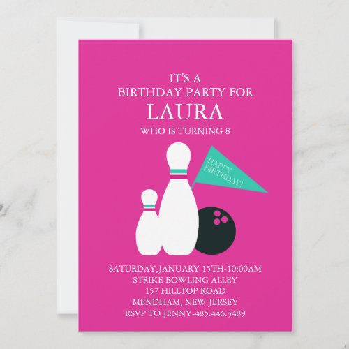 Pink  Aqua Bowling Party Birthday Invitation