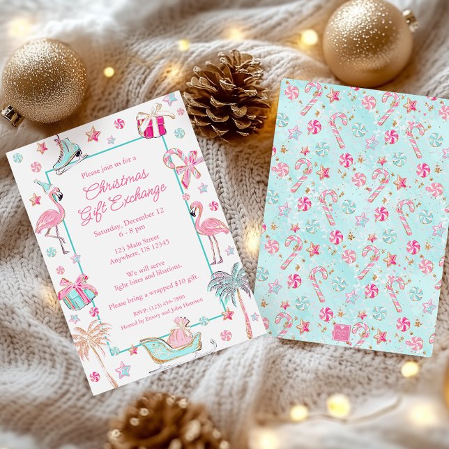 Pink & Aqua Flamingo Beach Christmas Party Invitation (Creator Uploaded)