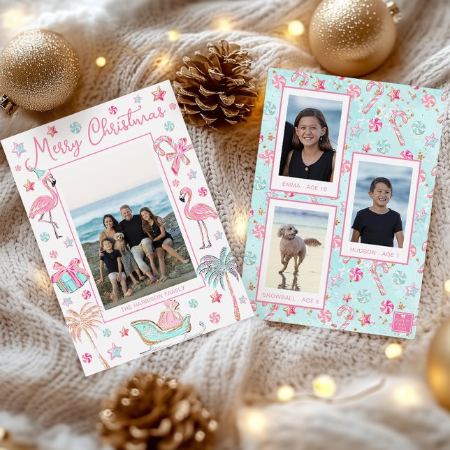 Pink & Aqua Flamingo Beach Christmas Photo Holiday Card (Creator Uploaded)
