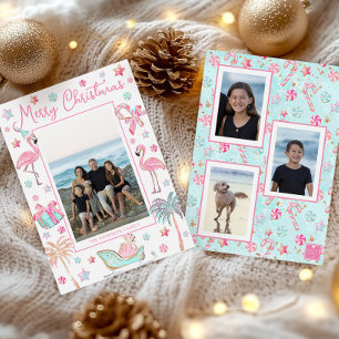 Pink & Aqua Flamingo Beach Christmas Photo Holiday Card