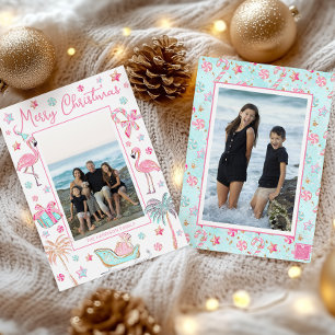 Pink & Aqua Flamingo Beach Christmas Photo Holiday Card