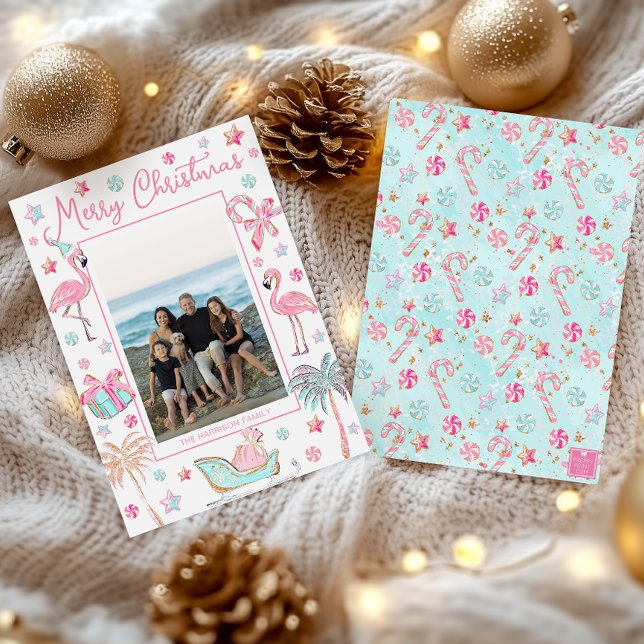 Pink & Aqua Flamingo Beach Christmas Photo Holiday Card (Creator Uploaded)