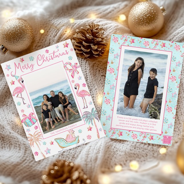 Pink & Aqua Flamingo Beach Christmas Photo Holiday Card (Creator Uploaded)
