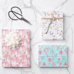 Pink & Aqua Flamingos, Candy & Christmas Lights Wrapping Paper Sheets