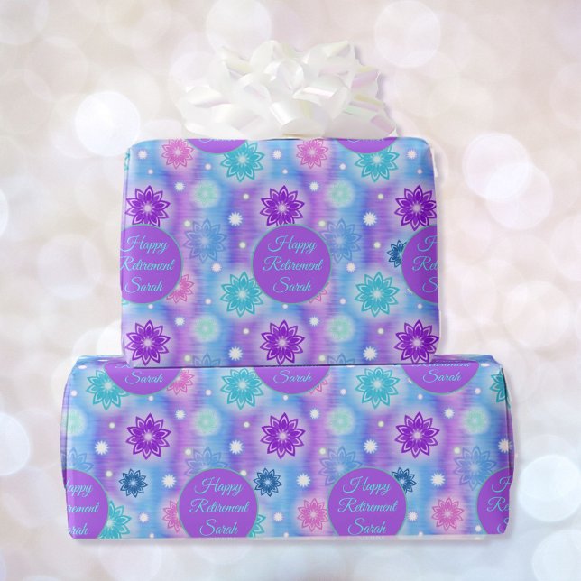 Pink Aqua Floral Happy Retirement Personalize Name Wrapping Paper (Creator Uploaded)