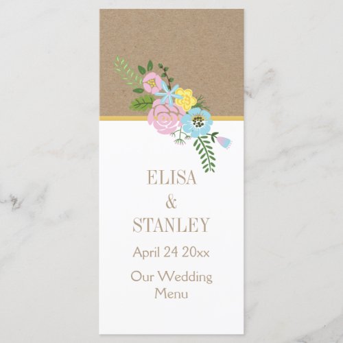 Pink aqua flowers krafty wedding menu card