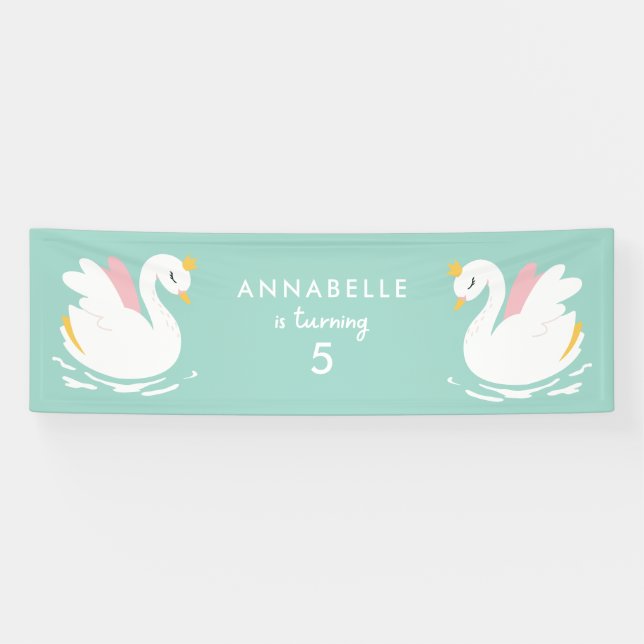 Pink aqua girly cute swan elegant birthday party banner (Horizontal)