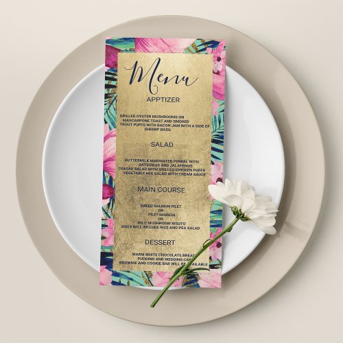 Pink aqua gold navy blue floral Wedding Menu