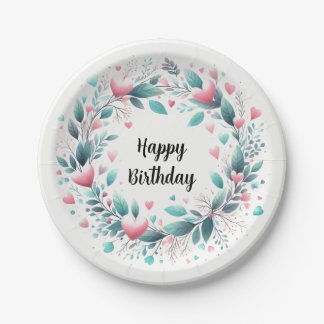 Pink Aqua Heart Birthday Wreath  Paper Plates