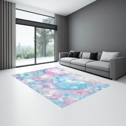 Pink Aqua Hearts and Flowers Area Rug