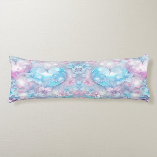 Pink Aqua Hearts and Flowers Body Pillow