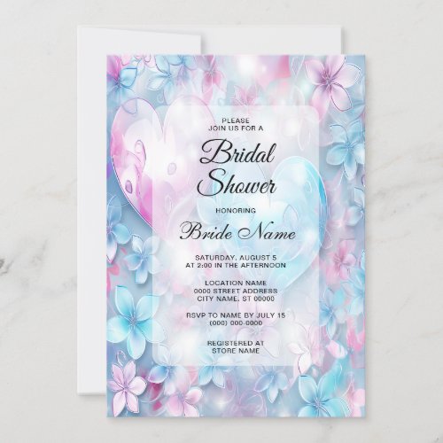 Pink Aqua Hearts and Flowers Bridal Shower Invitation
