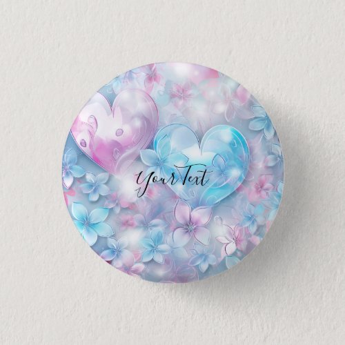 Pink Aqua Hearts and Flowers Button