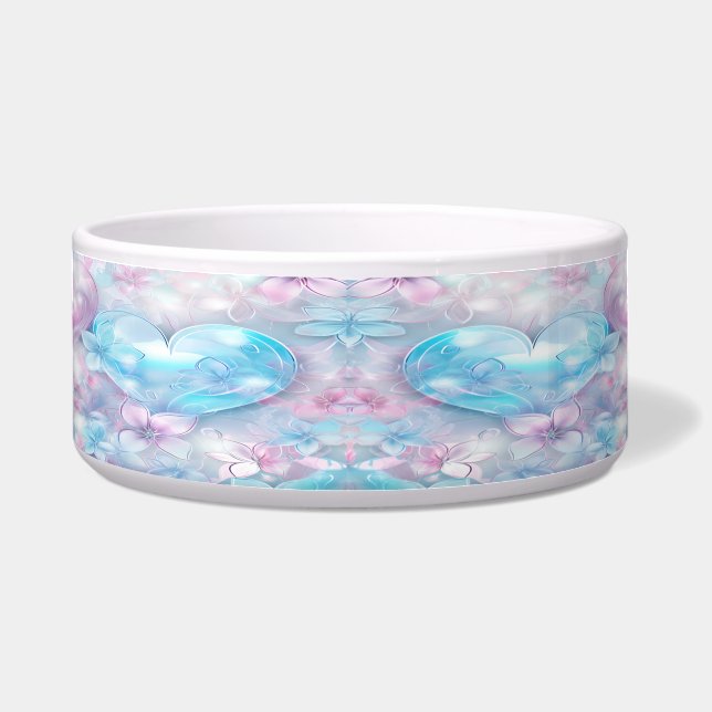 Pink Aqua Hearts and Flowers Ceramic Pet Bowl (Front)