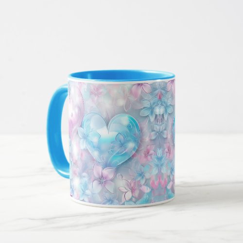 Pink Aqua Hearts and Flowers Coffee Mug
