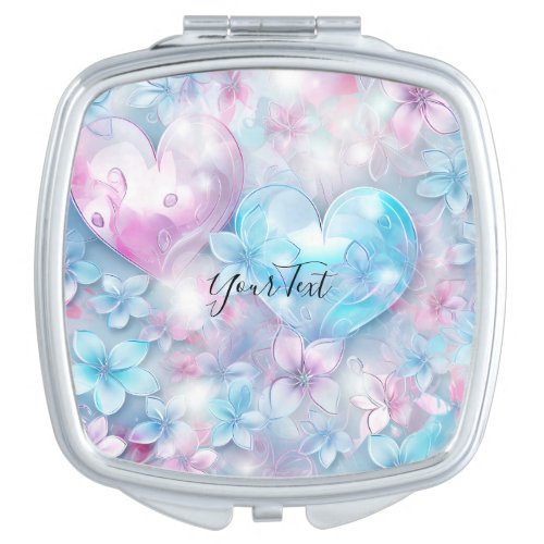 Pink Aqua Hearts and Flowers Compact Mirror
