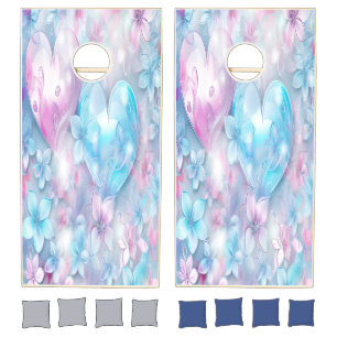 Pink Aqua Hearts and Flowers Cornhole Set
