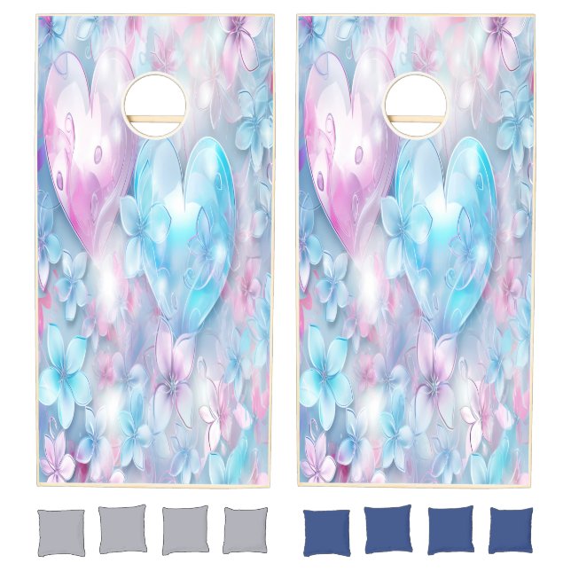 Pink Aqua Hearts and Flowers Cornhole Set (Set)