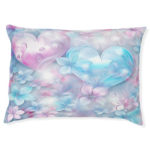 Pink Aqua Hearts and Flowers Dog Bed