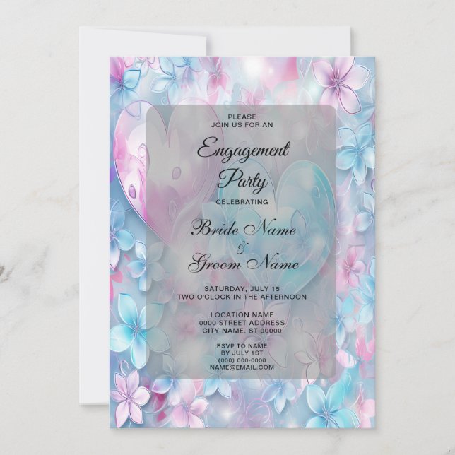 Pink Aqua Hearts and Flowers Engagement Invitation (Front)