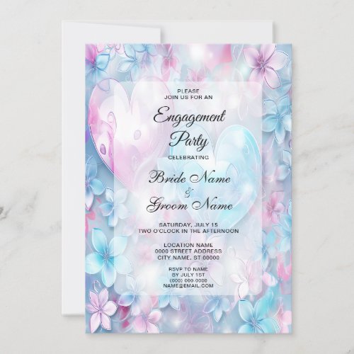 Pink Aqua Hearts and Flowers Engagement Invitation