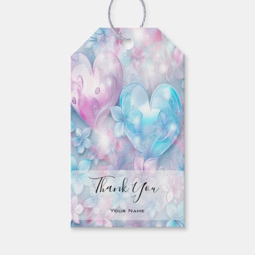 Pink Aqua Hearts and Flowers Gift Tag