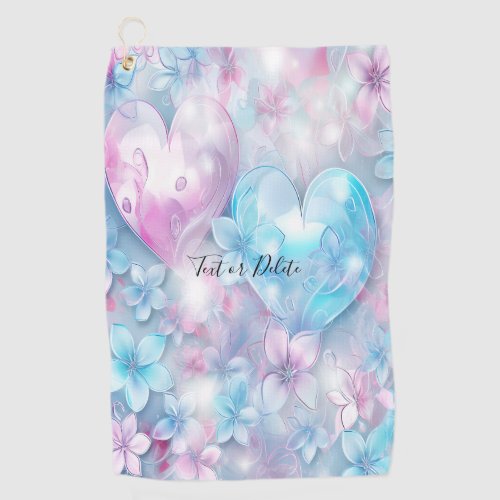 Pink Aqua Hearts and Flowers Golf Towel