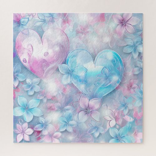 Pink Aqua Hearts and Flowers Jigsaw Puzzle