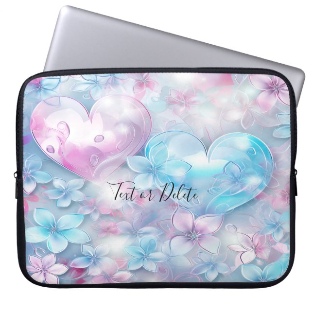 Pink Aqua Hearts and Flowers Laptop Sleeve (Front)