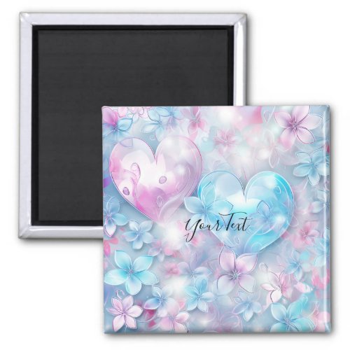 Pink Aqua Hearts and Flowers Magnet