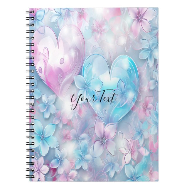Pink Aqua Hearts and Flowers Notebook (Front)