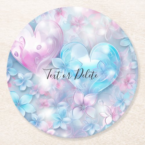 Pink Aqua Hearts and Flowers Paper Coaster