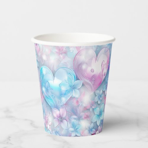 Pink Aqua Hearts and Flowers Paper Cups