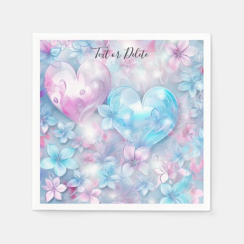 Pink Aqua Hearts and Flowers Paper Napkin