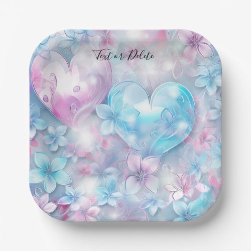 Pink Aqua Hearts and Flowers Paper Plate