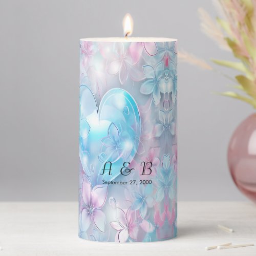 Pink Aqua Hearts and Flowers Pillar Candle