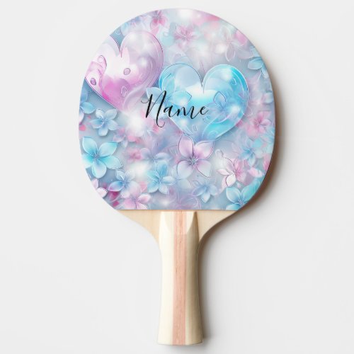 Pink Aqua Hearts and Flowers Ping Pong Paddle